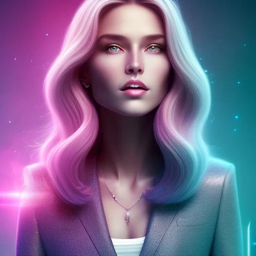 A portrait very beautiful woman ,smiling, dark longs hairs, atmospheric, realistic, cinematic lighting, pink blue light, 8k, galactic atmosphere,