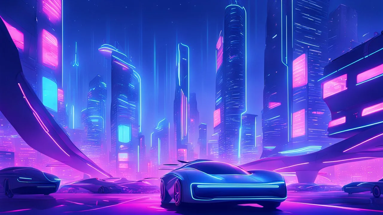 A futuristic cityscape at night with neon lights and flying cars.