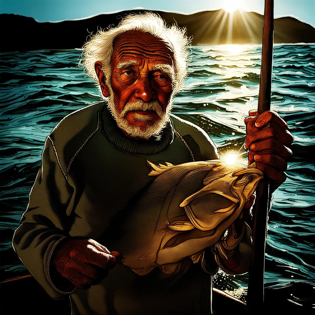 A picture of an elderly man who catches fish in the ocean, with sunlight showing the roughness of his skin.