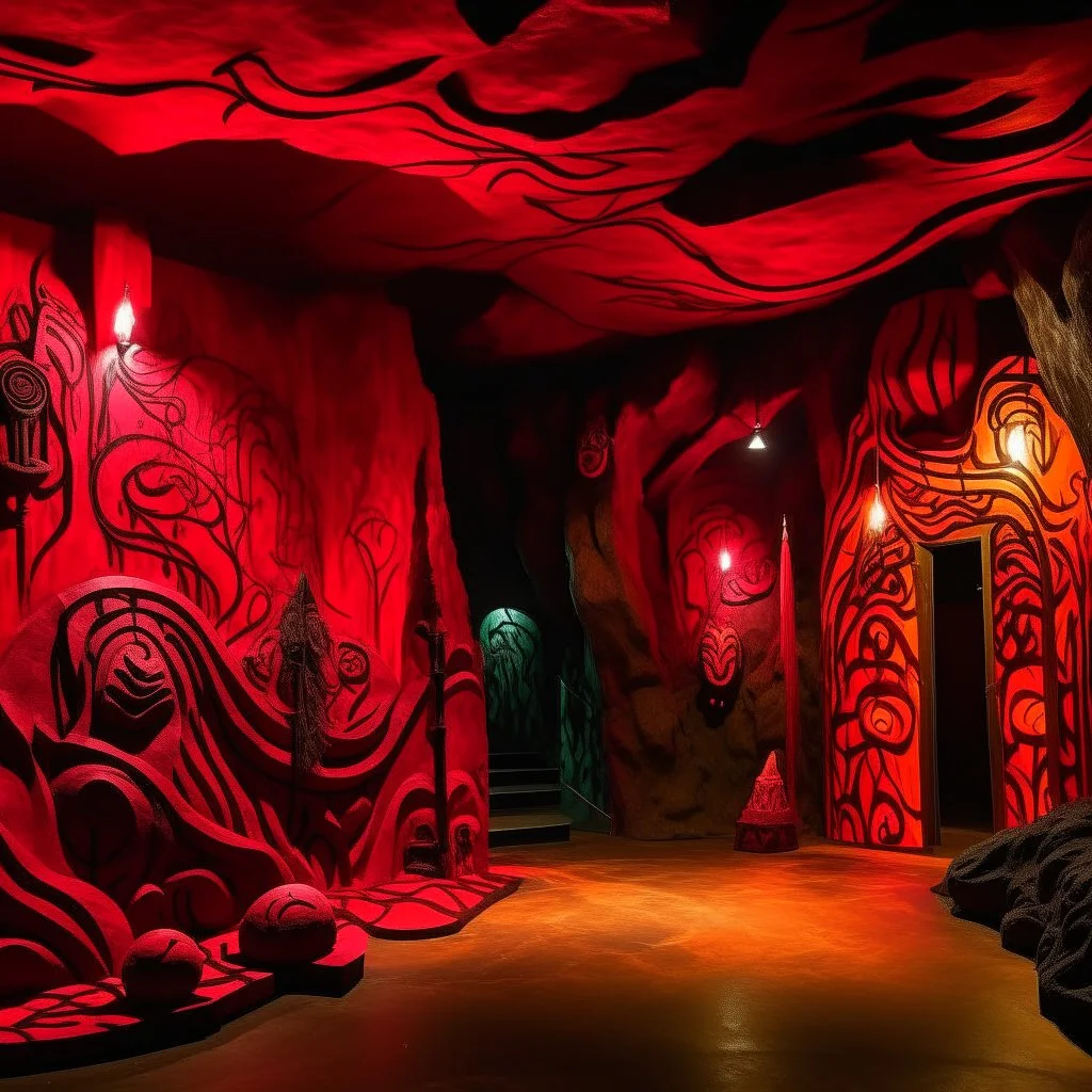 A dark reddish magenta underground cavern with lava designed in Maori sculptures painted by Stuart Davis
