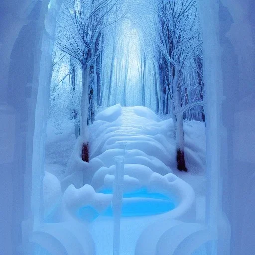 ethereal winter flowers, carved ice door at the end of ice steps, magical atmosphere, Beardsley, Unreal render, cinematic blue --aspect 9:16 --s 2500