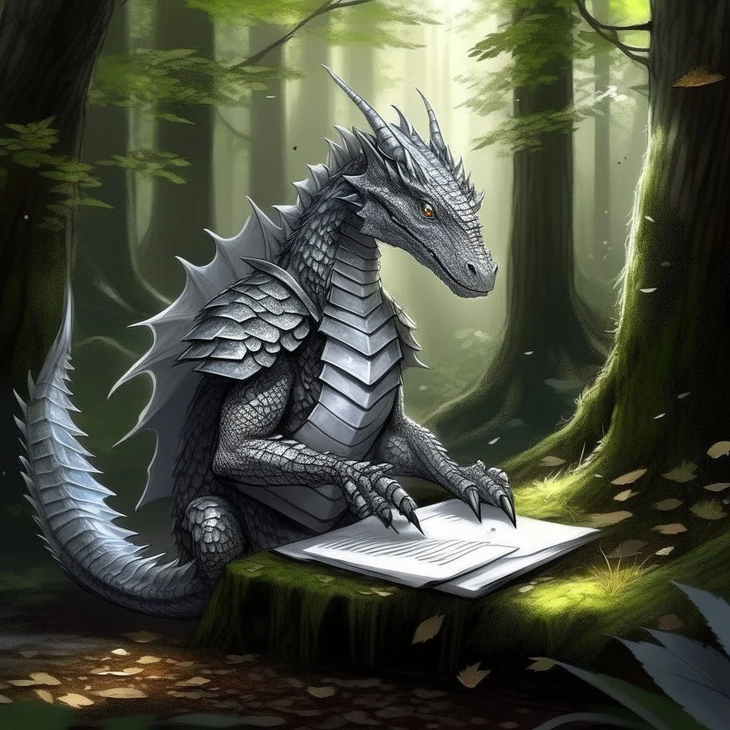 A humanoid dragon with grey scales in the middle of taking notes in a magical forest