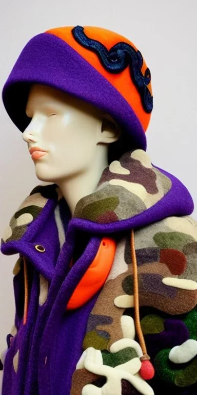 Brunette she. average body type. big head. Mantle is sewed of upcycled Denim and sewed together of camouflage pieces. Pieces' color are orange, cream and purple. It is with big bright purple felt tippet and cream-colored-hood. mantle is merged with satchel. . Big AKG-style headphones (gold rings!) is merged with small felt cap with small visor. Style: Haute Couture in 1910's, Paris fashion in 1998, inspired by street art. Cream latex gaiter. Her head and rest body!