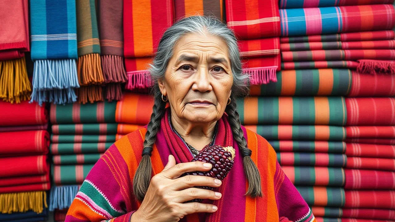 A ‑year‑old woman of Quechua Indigenous features, two gray braids, she wears a multicolored aguayo (red, orange, magenta, green). Background with an Andean textile market where dozens of identical aguayos hang in layers. Her torso and face blend with the fabrics. Only her wrinkled hand holding a purple corncob distinguishes her. Pastel on kraft paper, Latin American Expressionist style (Fernando Botero but without exaggerated volume, flatter).