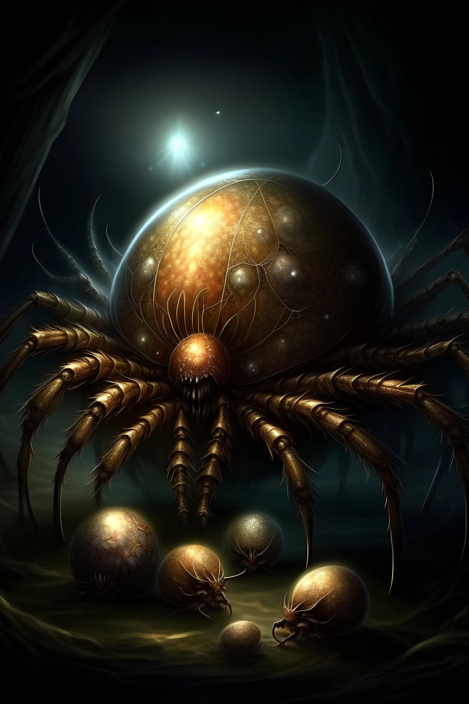 Fantasy spiders surround a shell containing large, magnificent pearls, and the spiders are keen on this shell for the sake of the pearl, and the pearl is illuminated by a ray of light in a wonderful, harmonious scene, and the spiders are afraid for the pearl.