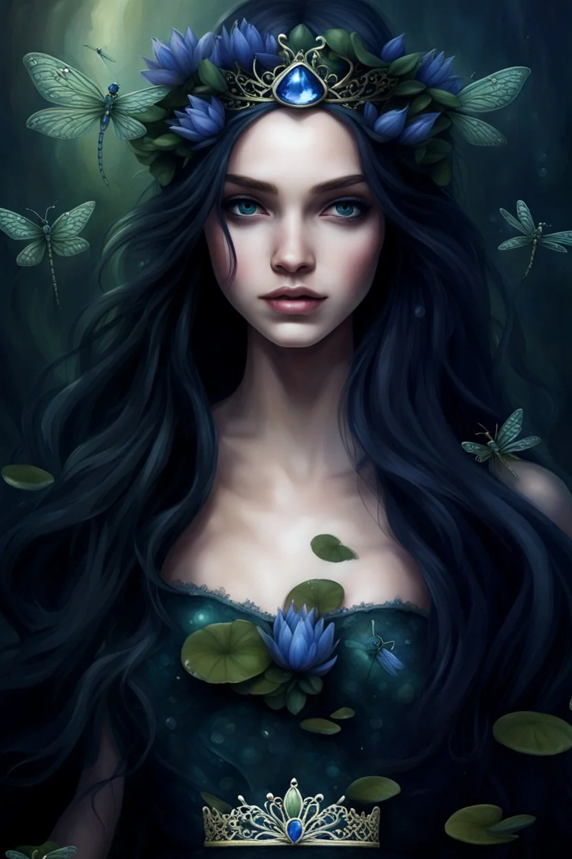 Dark green Blue Water lilies Dark blue long hair Dark Fairy princess rapunzel hair queen crown dragonflies fireflies elven tiara flowers fairy wings saphire