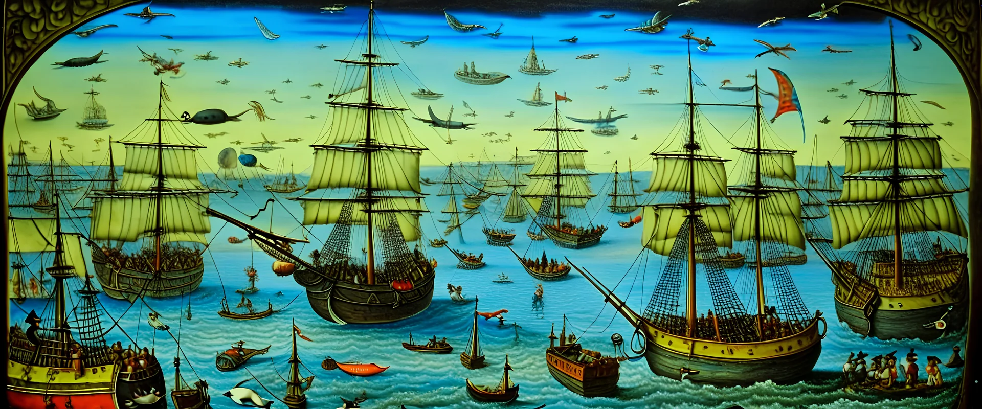 On the left side of the image the 'Hieronymus Bosch' fleet of sky-pirate-ships float above the landscape ready to attack. On the right side of the image the 'Salvador Dali' fleet of pirate-sky-whales (mostly a whale but the top is a pirate ship with masts & rigging & sails unfurled, with cyber pirates looking down and waving) floats in the sky. The landscape is in the style of 'M C Escher'. Ultra high detail, photoreal, epic cinematic, 8K, Large depth of field