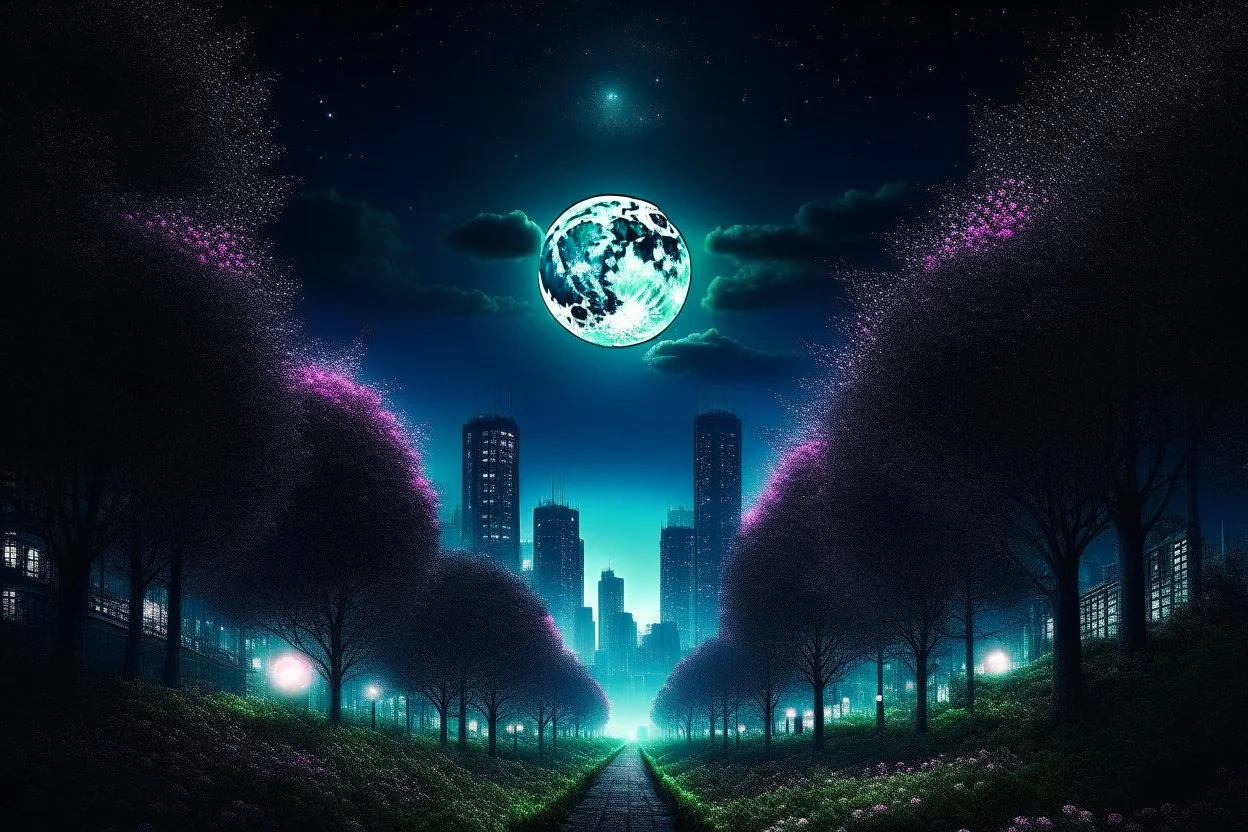 city, sci-fi, night, moon, trees, flowers, gary numan influence