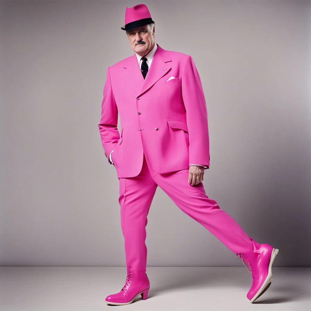 Et voila: John Cleese with massive muscles in a pink battlesuit pink gloves and pink high heel boots. The Ministry of Silly Walks.