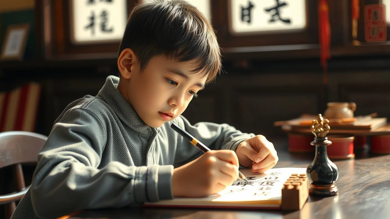 Young schoolboy writing Chinese characters using brush and ink, award-winning colour photograph, beautiful lighting, accurate Chinese script