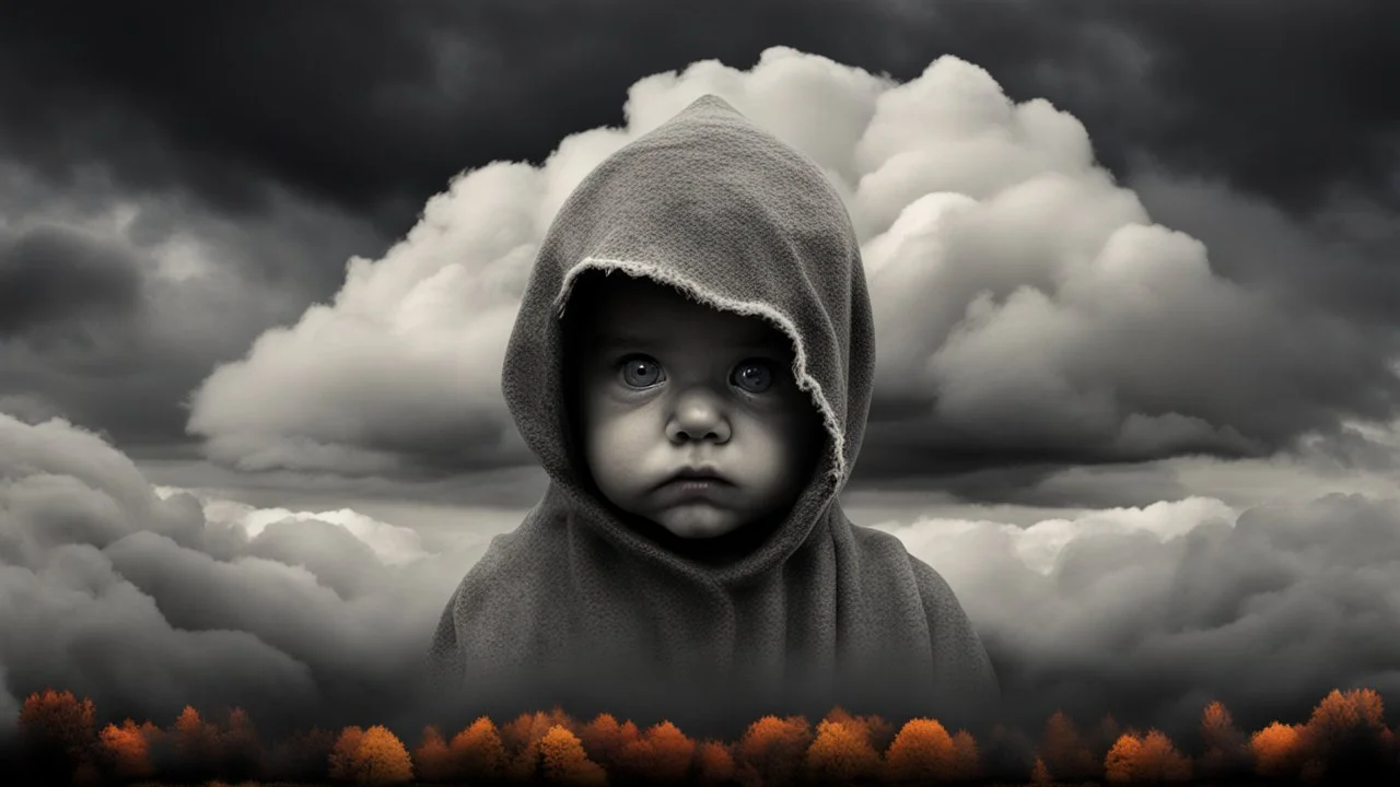 a scary and very pale transparently baby-face made of clouds looking at the camera, gray and dark clouds with black empty eyes on sky, gray-white clouds, autumn wind over the landscape, weird, detailed, haunting, dark crepy mood, nightmare, thriller, mood, dark fantasy