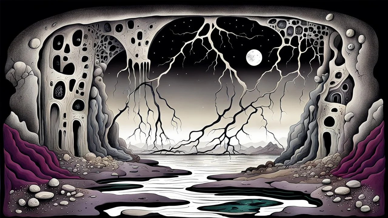 painted inner world with uncontrolled mind and neurodivergens soul, floating rocks over surreal cracked weird landscape . one cracked bridge between two dark door. deep dark purple, gray, black, white, brown, malachit, cream color. Whimsical strange style of myro, of Quentin Blake and Redmer Hoekstra. No people in picture, weird absurd beauty nightmare, black rawen, in background fade neuron network-web, surreal vibe,