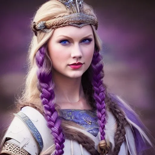 beautiful viking queen with purple armor, delicate blue braided hair, white flowing dress, highly detailed, 8k, ambient light, taylor swift