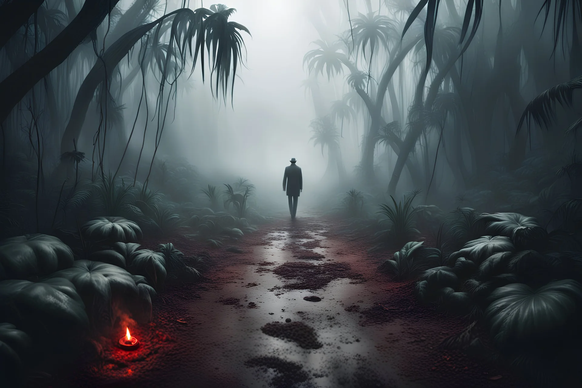 realistic scene surrealis horror homicide victiim on the path, jungle background, bold mist, fog, cinematic, dramatic lighting