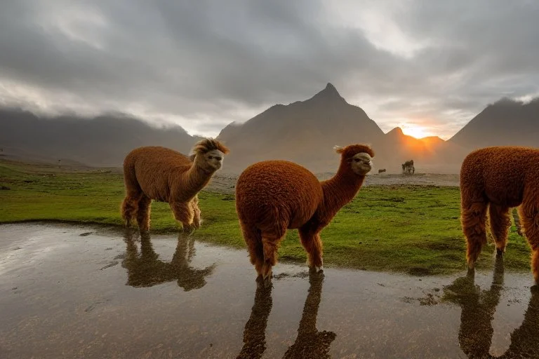 alpacas, peru, mountains, reflection, mist, sunrise