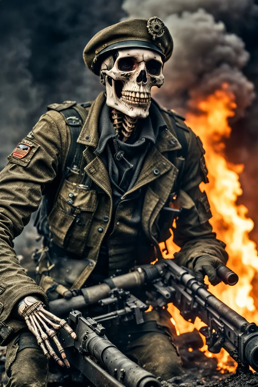 ultra high definition image of an attractive but scary looking skeleton, rising from the ashes, a war veteran, partially humanlike characteristics, army beret and ripped amo wear, very detailed, chaotic background, dramatic close-up action shot of him on a burned out war tanker with a torpedo on shoulder ready to fire and ammo ,gothic and dark theme, 12k