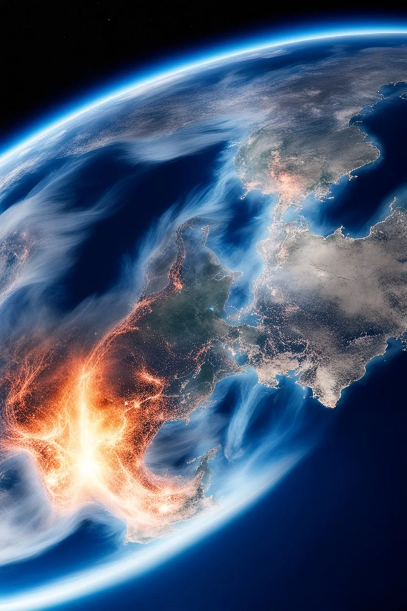 en satellit bild från rymden på jorden, den ska lysa med blått ljus och det kommer rök ifrån den och ser ut att spricka lite