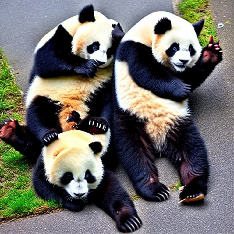 panda and cat smoking joint together in a street on the curb