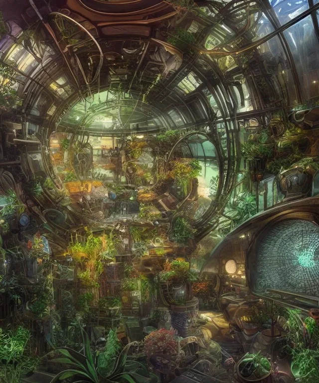 Inside a futuristic steampunk space ship with plants and animals