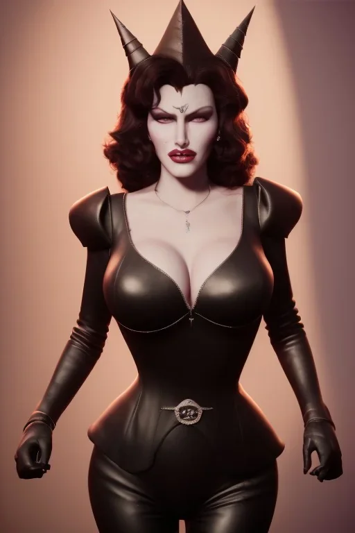 Rita Hayworth as evil queen in black leather, busty, cleavage, curvy, angry, stern look. character design by cory loftis, fenghua zhong, ryohei hase, ismail inceoglu and ruan jia. unreal engine 5, artistic lighting, highly detailed, photorealistic, fantasy