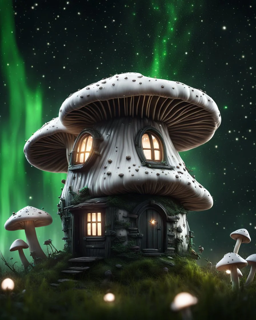 An illogically floating mushroom house on a clear night. white and white and green, Stars Dark cosmic interstellar. Detailed Matte Painting, deep color, fantastical, intricate detail, splash screen, hyperdetailed, insane depth, concept art, 8k resolution, trending on Artstation, Unreal Engine 5, color depth, backlit, splash art, dramatic, High Quality Whimsical Fun Imaginative Bubbly, perfect composition