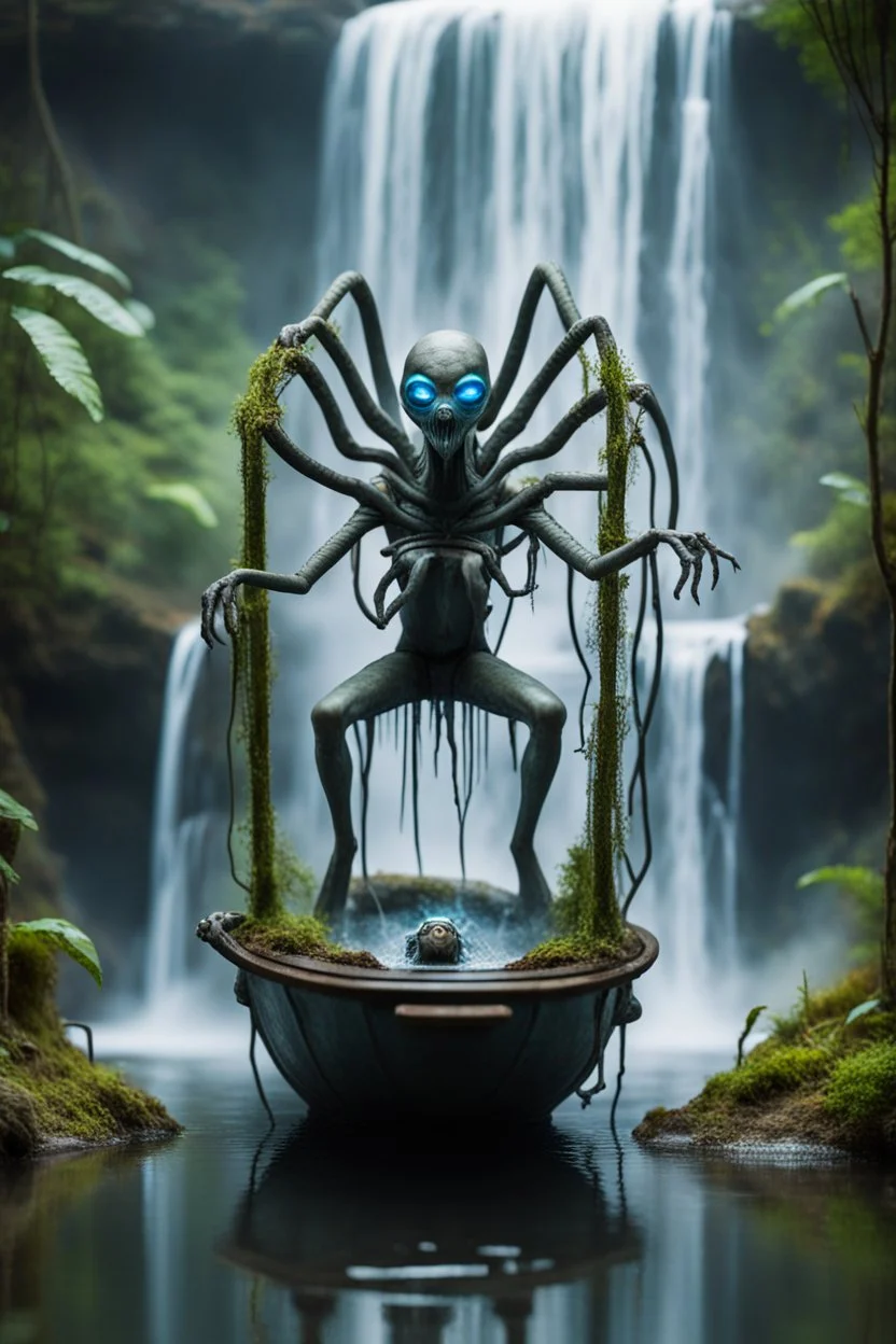 action figure of a crucified alien spider electric eel necromancer on round swamp transparent glass obcidian boat beholder eye wheel throne in a charged foggy jungle waterfall