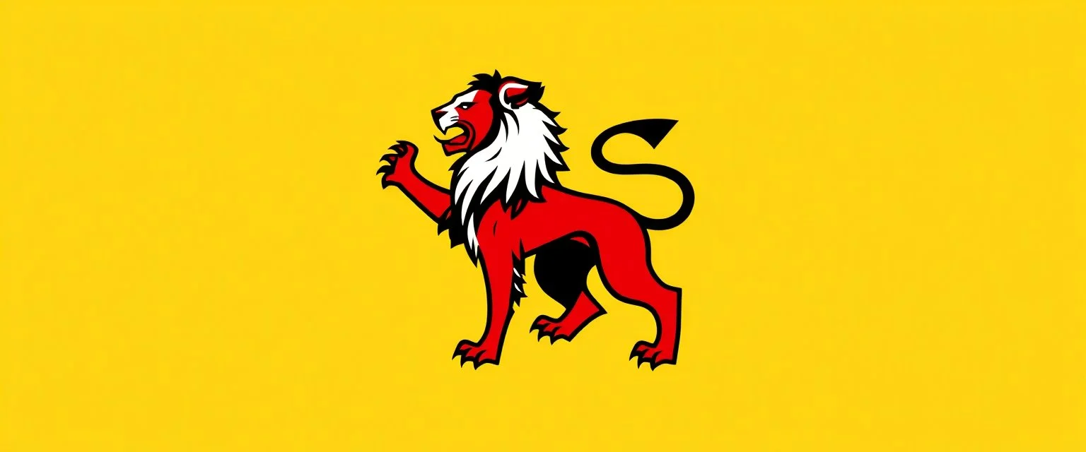 wide heraldry Lion, full body , black outline and red interior on yellow background, simplified vector logo