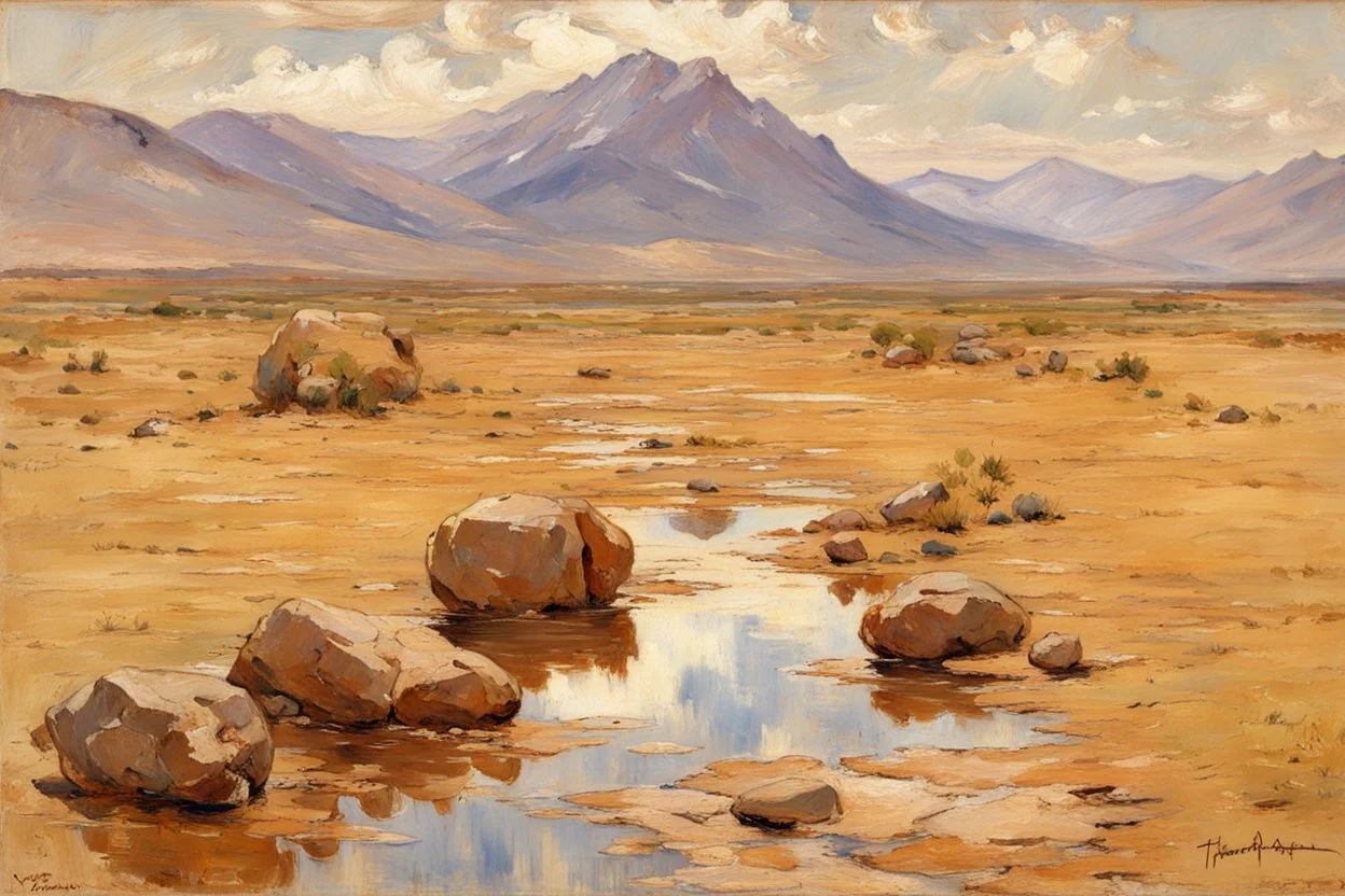 Arid land, clouds, mountains, rocks, puddle, vegetation, theodore robinson impressionism painting