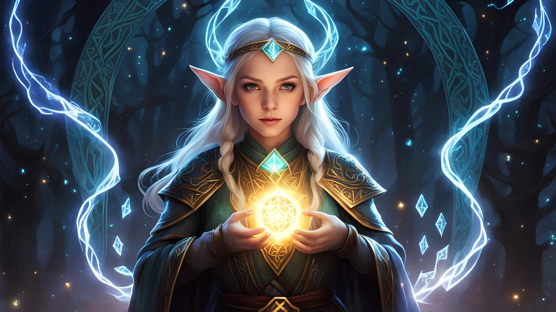 A mysterious teen elf girl with glowing runes that float around her protectively.