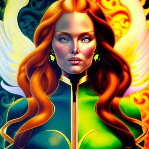 portrait of a beautiful busty Jean Grey with green eyes riding a phoenix by Sandro Botticelli style