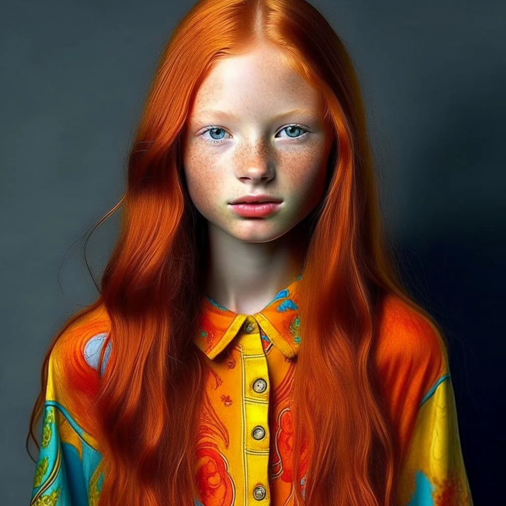 pretty girl, aged 14, ginger, conventionally attractive, colourful clothes, realism