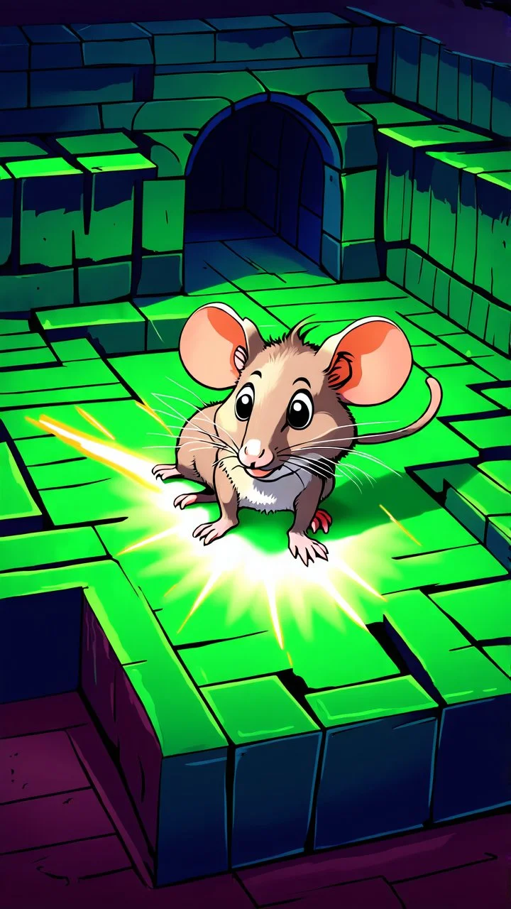 Sneak: "A cartoon rat glowing slightly as it dashes quickly through a maze, whimsical dungeon environment, playful, exaggerated motion, fantasy illustration, vibrant colors." in the style of Rembrandt