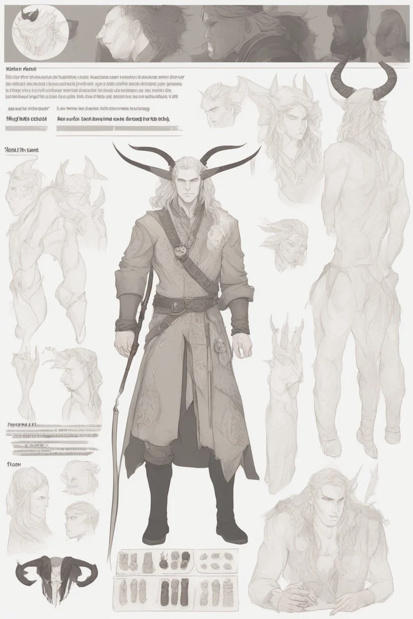 A dnd character sheet, a tiefling man with long hair and long black horns, white eyes and pale skin. Handsome.