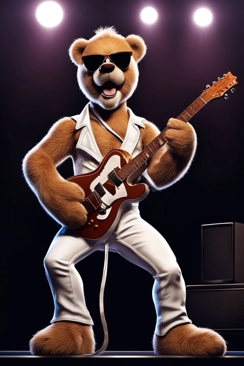 Brown Fuzzy Teddy bear looks like Freddie Mercury on stage singing dressed in tight white jeans and white sleeveless t-shirt and shades, hyperreal, comic concept art.