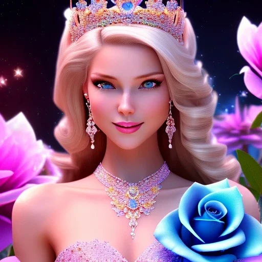 Princess, woman blondie, smile, beautiful place,amazing, flowers, colors, blue and pink butterfly, , realistic, photo real, stars night, detailed, high contrast, 8k high definition, unreal engine 5, extremely sharp detail, light effect, light background