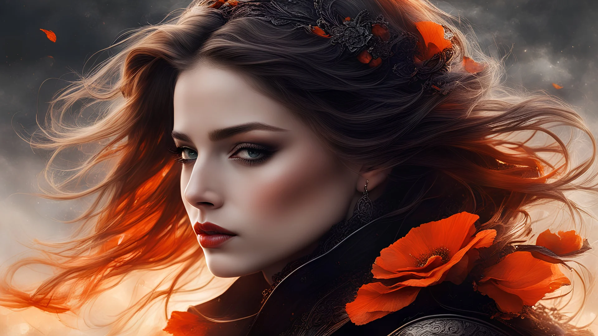 linquivera,coquelicot, beautiful woman, sorrowful expression, faded elegance, poignant atmosphere, lost beauty, melancholic aura, hauntingly captivating, timeless grief, stark contrast, delicate decay,line art,backlighting,wind,backlighting,stardust,(wind:1.2),knight,orange blood