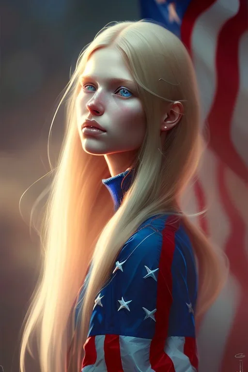 girl, cute, beautiful, blonde hair, long hair, blue eyes, portrait by Greg Rutkowski, American flag