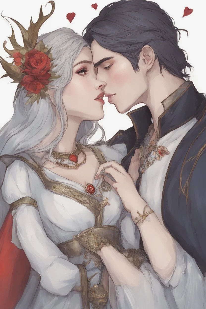 A couple from the dnd game curse of Strahd kissing. She has white hair he has long black hair. Romantic, sweet, loving, possessive, protective, kiss