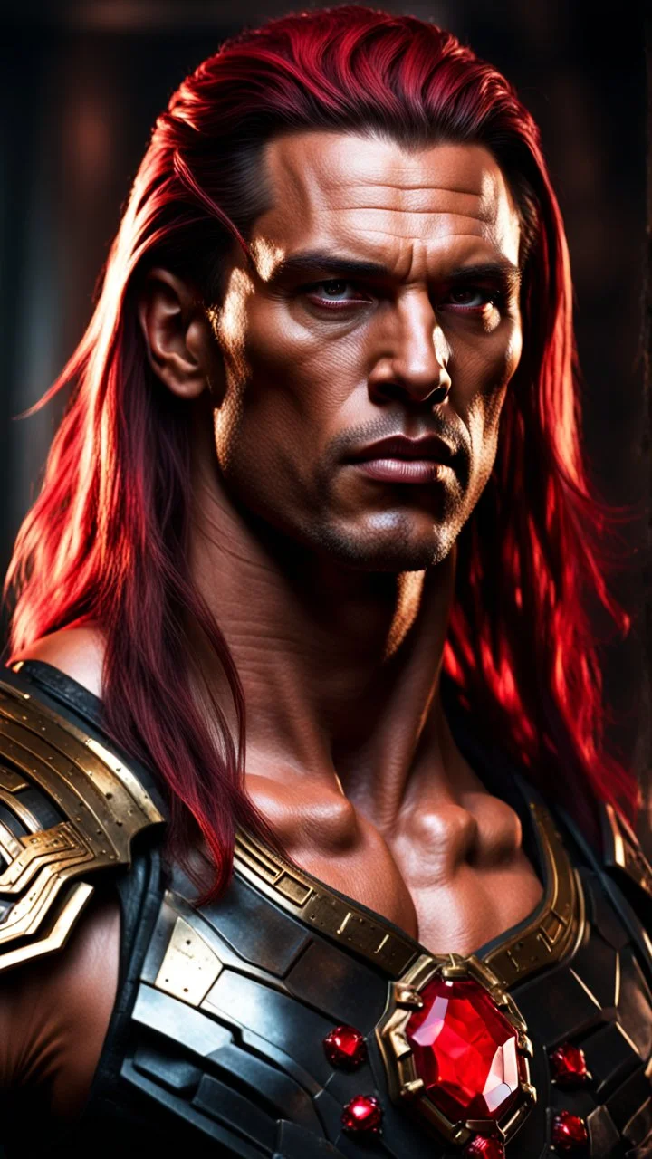 portrait of a 35 year old Handsome muscular mercenary with light bronze skin and long hair his temples are adorned with rubies. dark science fiction. photorealistic