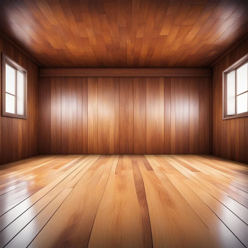 Central Symmetrical View Of A Colorful Wooden Floor & Wooden Wall Empty Room.