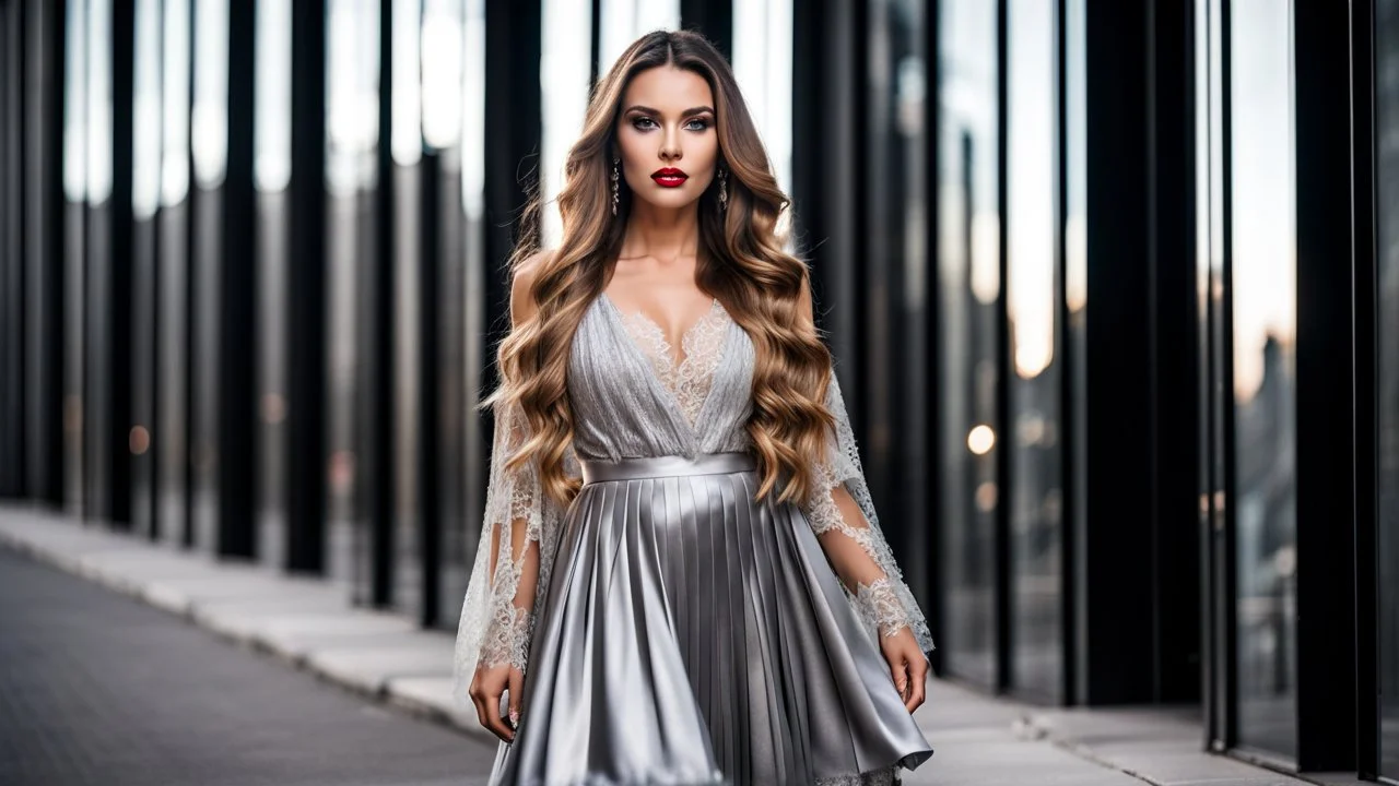very beautiful model lady with makeup and beautiful modern fashion midi pleated velvet dark silver lace skirt with lace edges and modern loose lace top with a loose over, curvy silver long hair, standing in a modern city open satge with 8 cubic mirrors(each with 4 equal hight and equal width, vertical mirror), each vertical on its own short rotating base. with some small lights on crystal frames, on roof of a skyscraper with city escape at background, with animating dynamic lights with high