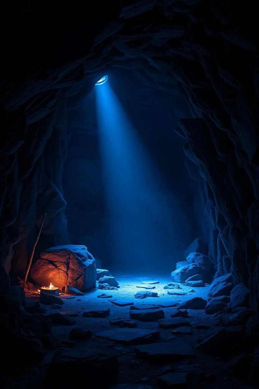 create an image of dark blue lit slightly confined cave inspired by the doom games