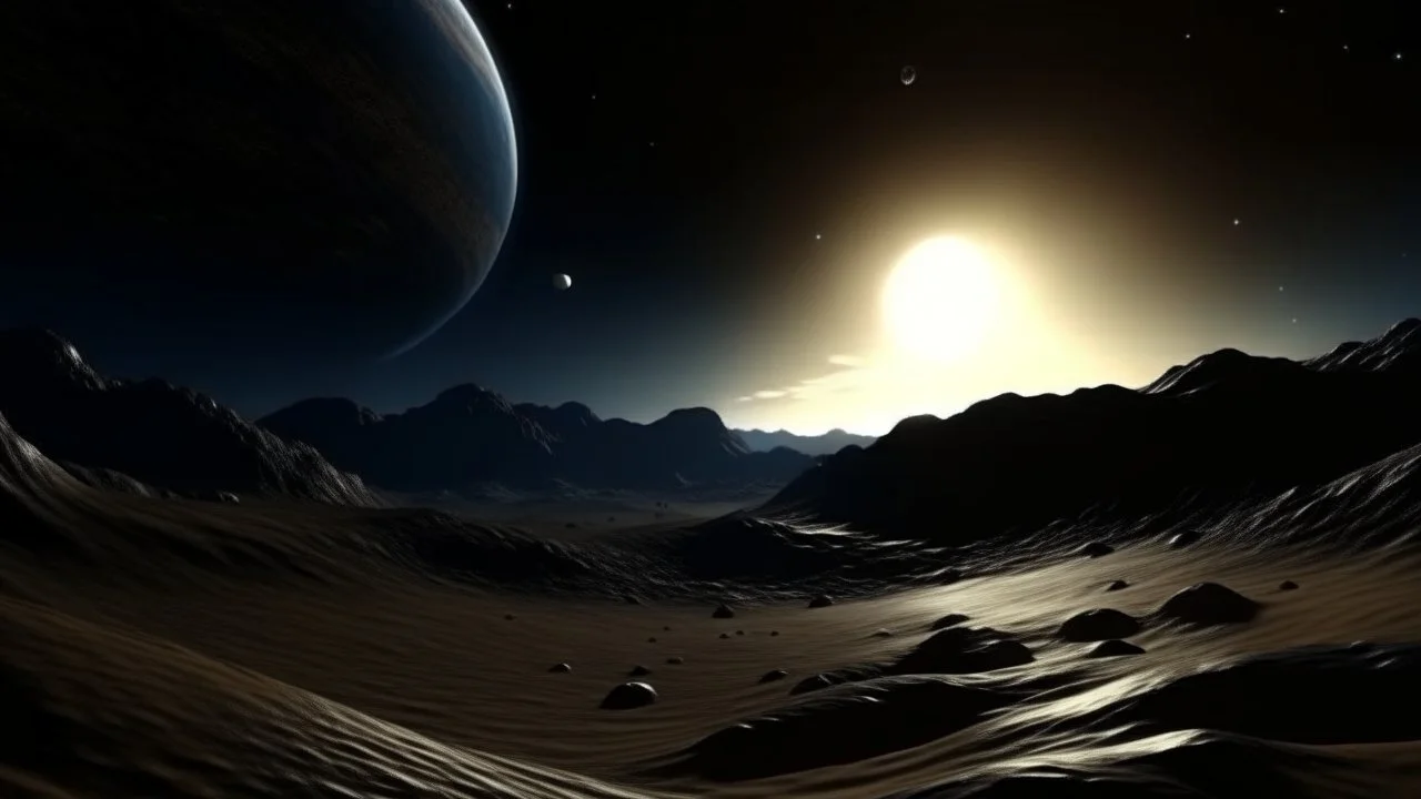 4k, hyper-realistic, Ultra-HD, Ray-tracing, Alien planet, mountainous, Has asteroid belt, milky way, stars, dark, black hole, Sand Worm rising from dunes, creatures