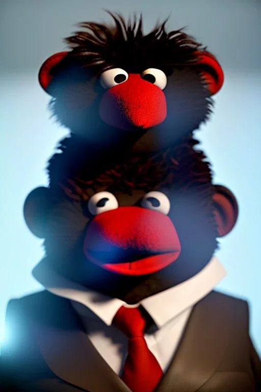 Waist up muppet Portrait, Kim Jong-un as muppet doll, black suit, photo studio, red background, unreal engine 5, concept art, art station, god lights, ray tracing, RTX, lumen lighting, ultra detail, volumetric lighting, 3d.