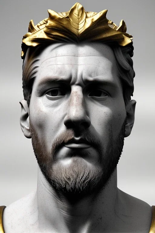 Ultra Realistic image, classical renaissance sculpture, white marble and gold material, Lionel Messi, emperor style, gold Laurel leaves crown, chisel style, waist up portrait, epic, celestial, cinematic lighting, God light, god rays, 4k resolution, smooth details, ornate details, soft lighting, unreal engine 5, sky background.