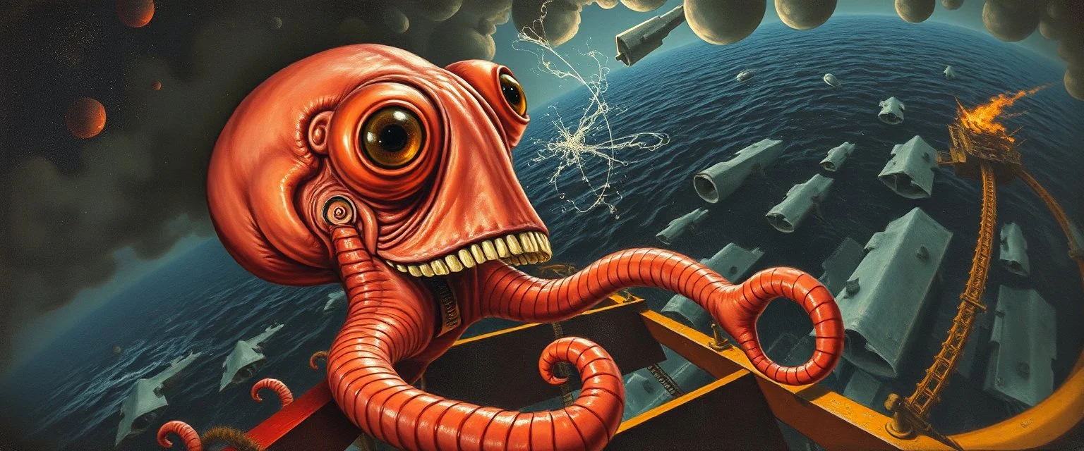 master oil painting by Rembrandt, roller coaster squid with some bad ass power off shore oil platform cyber punk people experiencing gravity at its worst, pin hole cam, twisted perspective, goa trance music poster