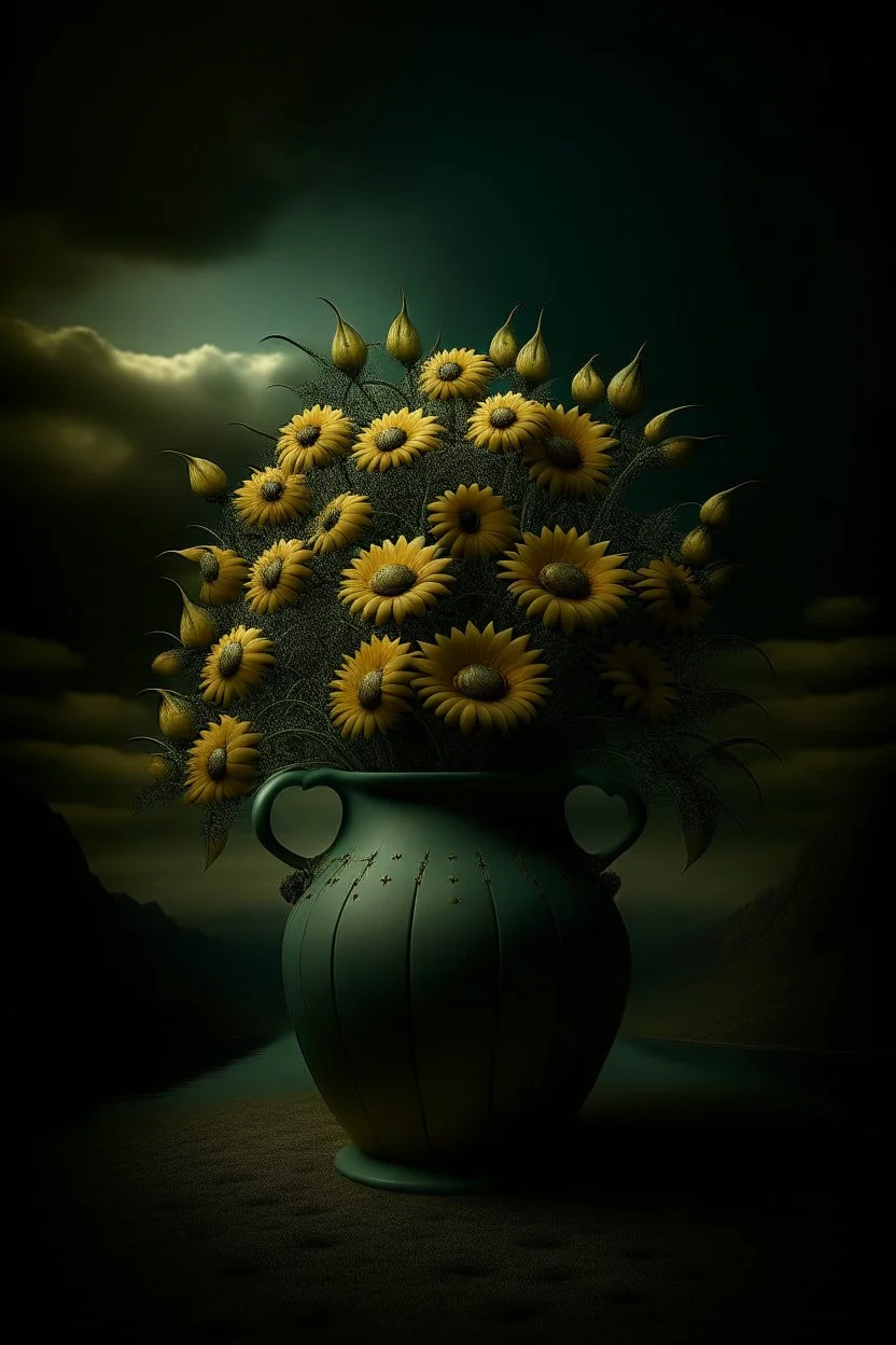 surreal interpretation of the Vase with Fifteen Sunflowers; surrealism; neo-surrealism; fantastic