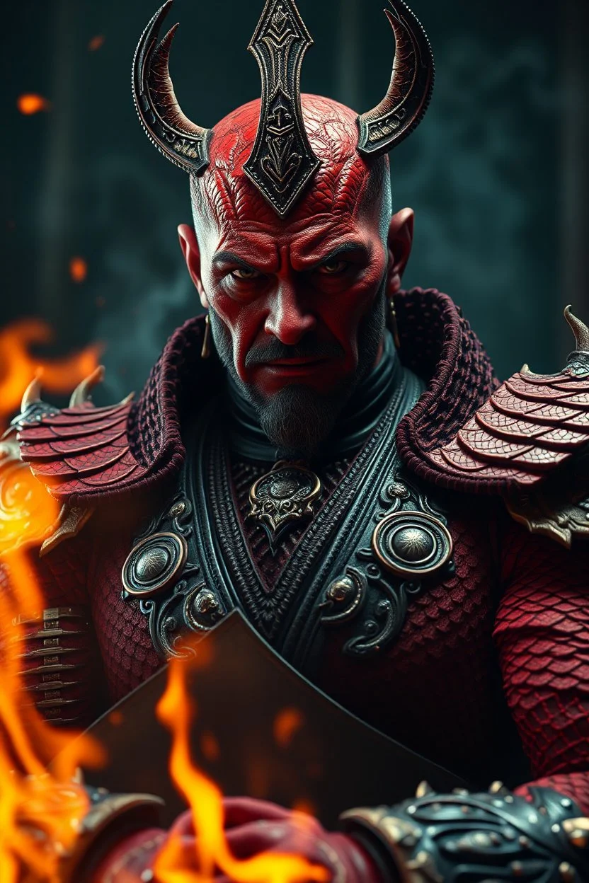 President George Bosh , red skin, scales, unreal engine 6, high detail, intricate, cinematic. photoshoot style, intricate, studio lighting, masterpiece , highly detailed, 8k, best quality, fire, smoke, dramatic,d,<lora:mshn:0.7>,<lyco:Warrior_Couture:0.5>,