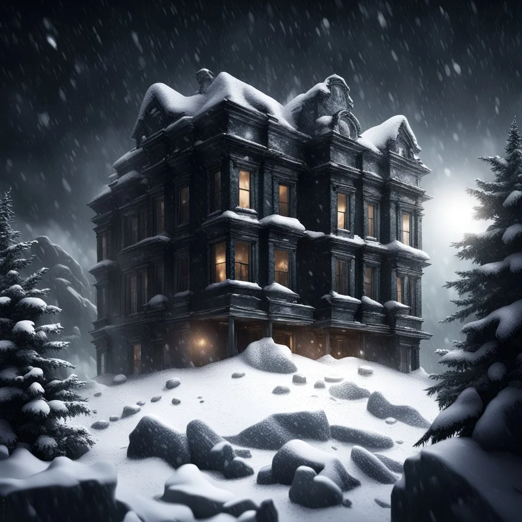 Hyper Realistic Dark haunted hotel with broken window glass & doors on the top of a mountain at heavy snowfall night