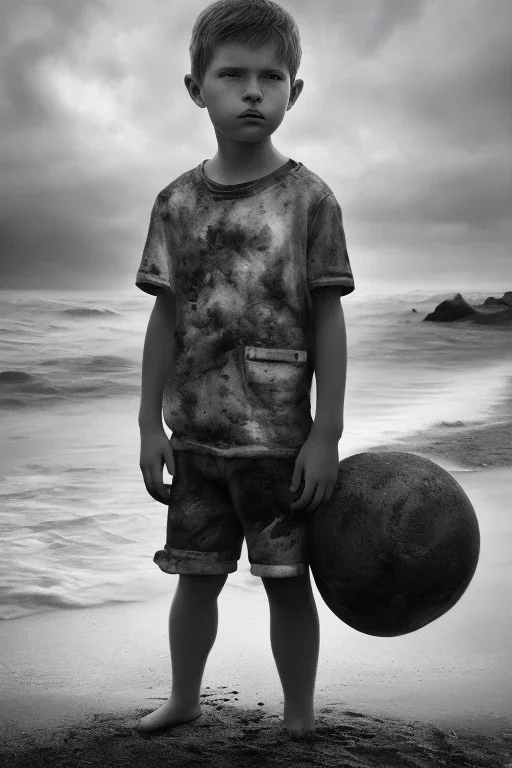 desaturated oil painting of boy on beach, old clothes, dark storm clouds overhead, gloomy, bleak, little fires